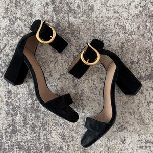 Black Suede Block Heel Sandals Gold Buckle Ankle Strap Size 7.5 Aerosoles